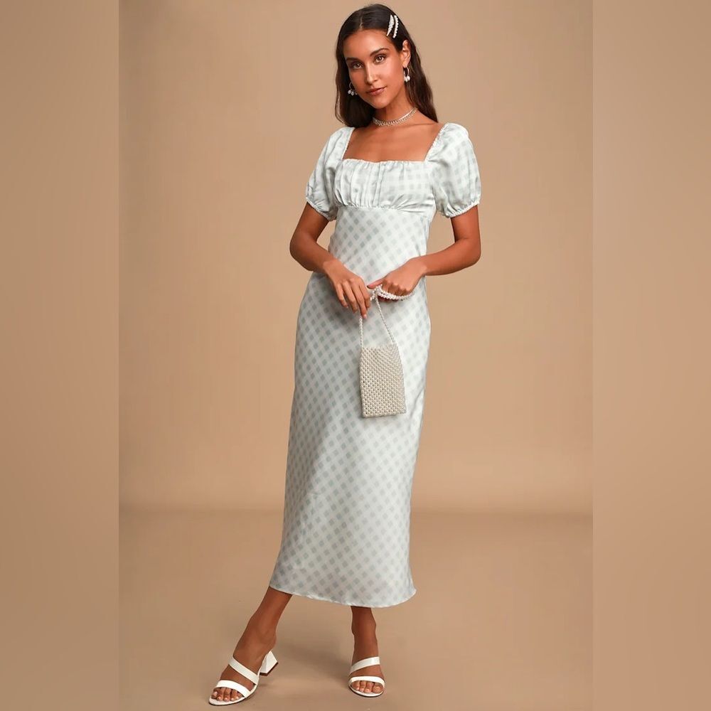 WAYF Sacha Light Blue Gingham Puff Sleeve Midi Dress S